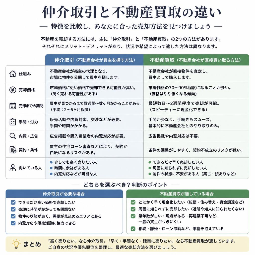 不動産の買取と仲介との違いリスト